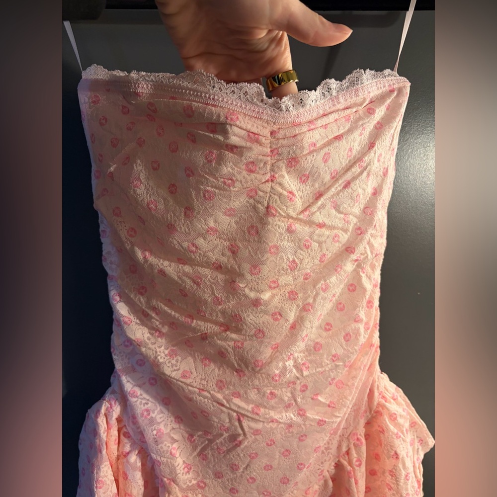 PINK x LoveShackFancy Strapless Lace Mini Dress Icon Polka Dot Pink Small NWT - Picture 13 of 16